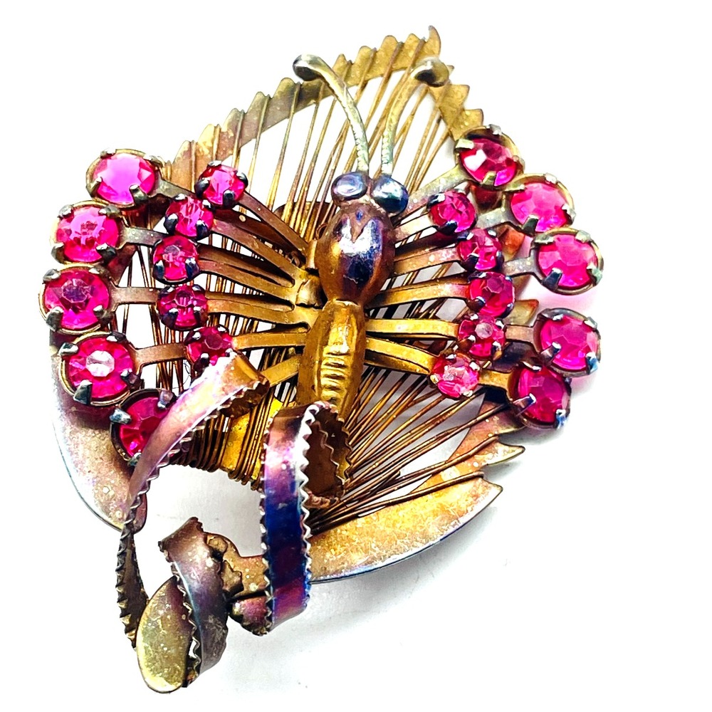 Vintage Butterfly on Leaf Brooch Pink Rhinestones Gold Tone Statement Pin